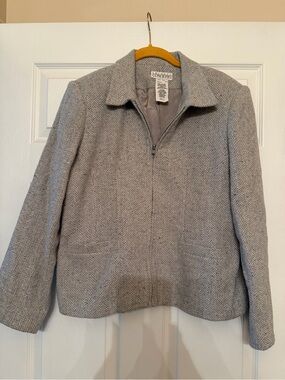 Light Grey Herringbone Zip-Front Women's Blazer Jacket